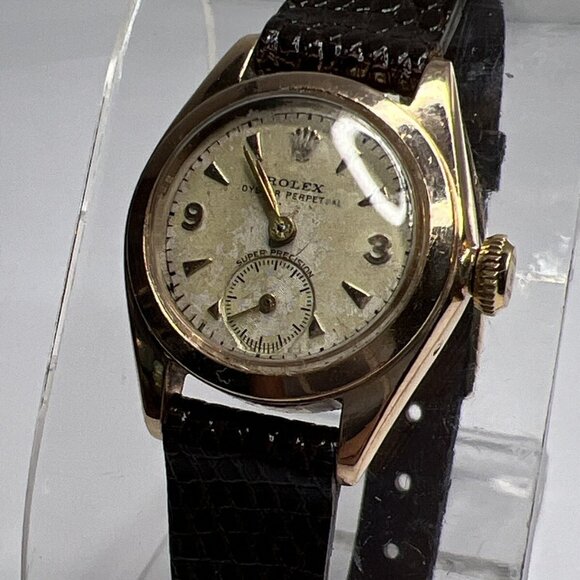 Vintage ROLEX 24mm Ladies Watch 14k Rose Gold Bubble Back Oyster Perpetual 18 J - Picture 1 of 11